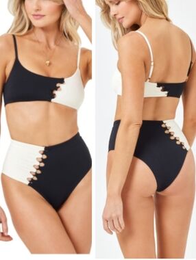 l*space SolsticeTwo-Tone Black White Bandeau Bikini Top NWT Medal O Ring Cutout